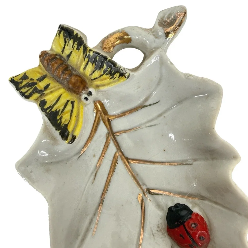 Teabag Holder Trinket Dish Ceramic White Butterfly Ladybug Leaf Japan Small